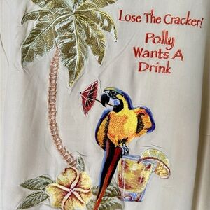 Luau Tropical Embroidered Beige Silk Shirt with Parrot Design Lose The Cracker